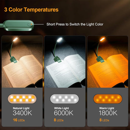 Gritin 16 LED Rechargeable Book Light for Reading in Bed | Eye Caring 3 Color Temperatures,Stepless Dimming Brightness,80 Hrs Runtime,Lightweight Flexible Clip on Light for Book Lovers