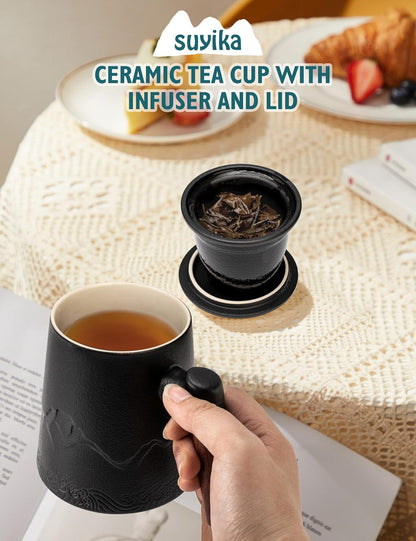 suyika Tea Cup with Infuser and Lid, Gradient Black & Blue, 15.2oz /450ml