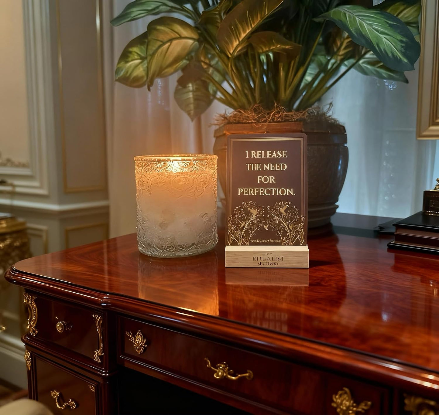 The Ritualist Method Card Deck, 52 Soft Touch Daily Affirmation Cards with an Engraved Wooden Stand in a Giftable Rigid Magnet Closure Box for Calm, Confidence, Mindfullness and Self Care