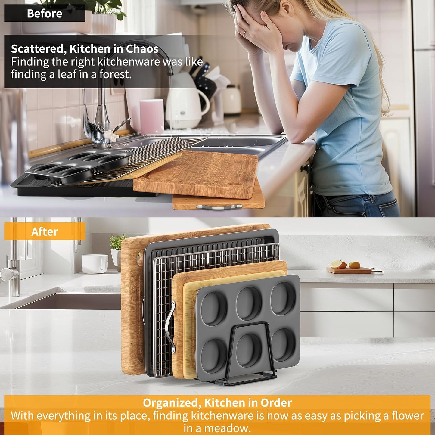 Cutting Board Organizer Kitchen Organizer Rack for Cutting Board, Bakeware, and Cookie Sheet, 5-Slot Heavy-Duty Steel Cookware Holder,Rust-Resistant with Anti-Slip Feet (1, Small)