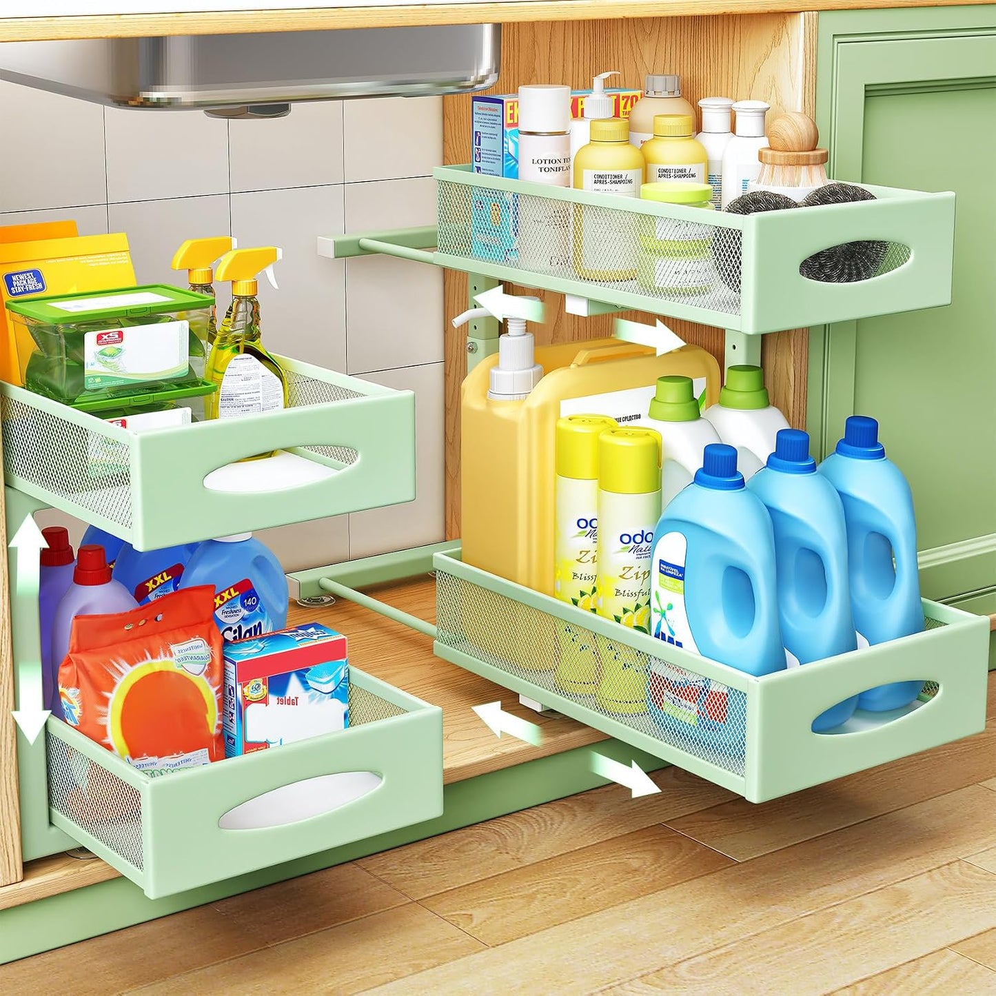 Under Sink Organizer, 2 Tier Pull out Cabinet Organizer Baskets with Mesh Sliding Drawers, Slide out Storage Shelf for Home, Kitchen, Bathroom, Pantry, Office Cabinet, Countertop(1 Pack)
