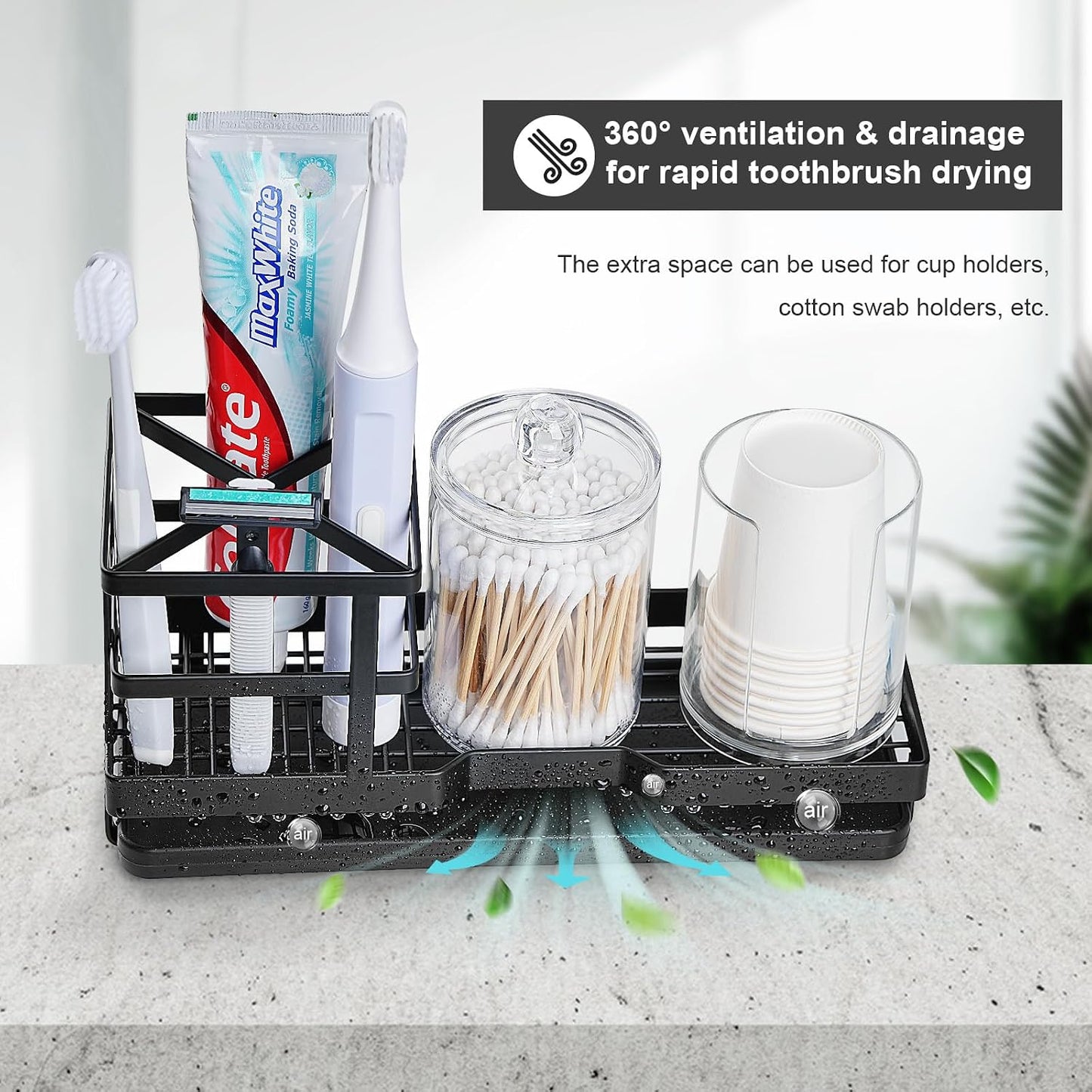 Toothbrush Holders for Bathrooms, 4 Slots Metal Tooth Brushing Organizer | Rustproof Electric Tooth Brush Toothpaste Holder with Drainage for Bathroom Countertop, White