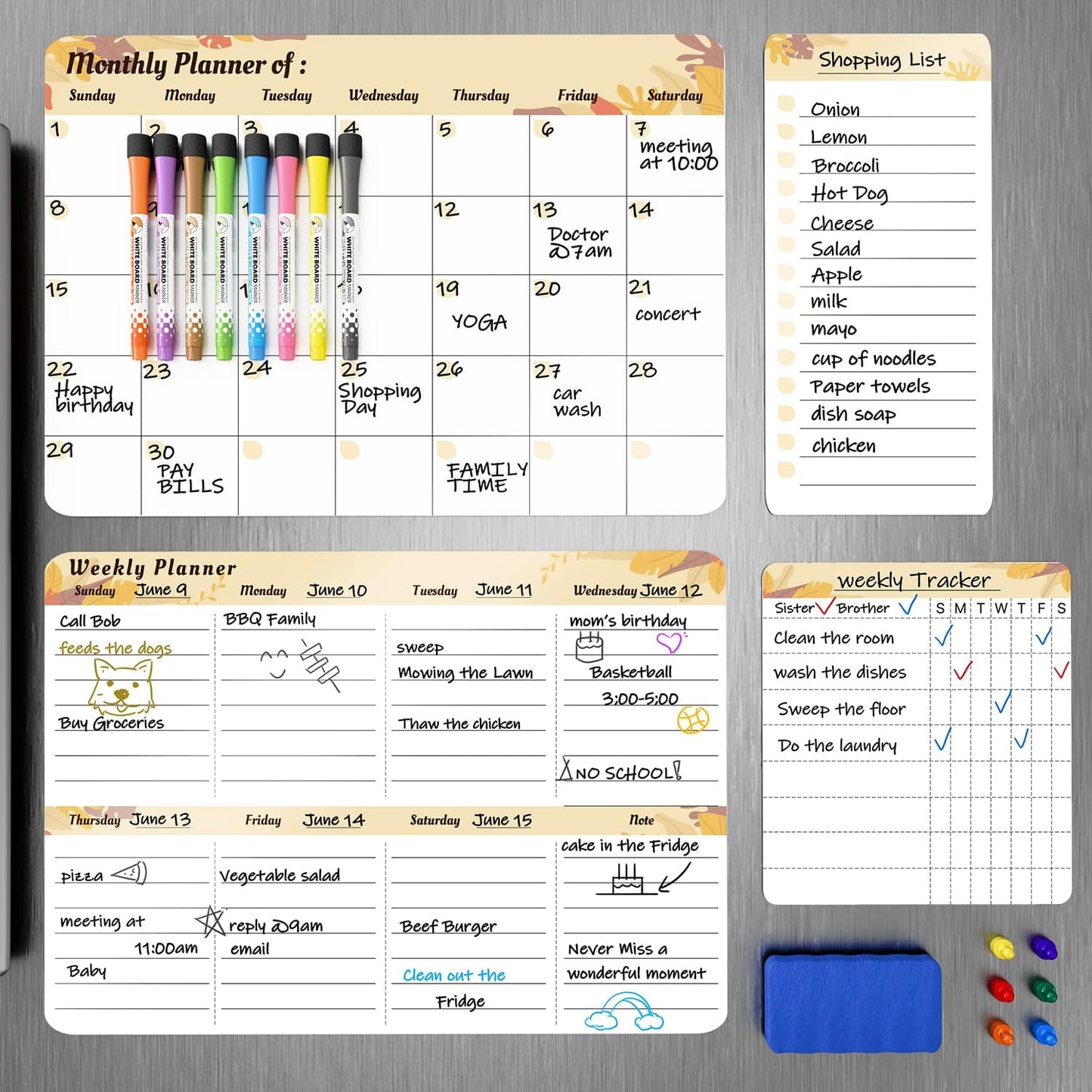 Refrigerator Calendar Magnetic, 16.3x11.7” (4-Pack) – Weekly & Monthly Planner, Chore Chart, Grocery/to-Do List for Fridge, Includes 8 Markers, 6 Magnets & 1 Eraser for Kitchen, Yellow