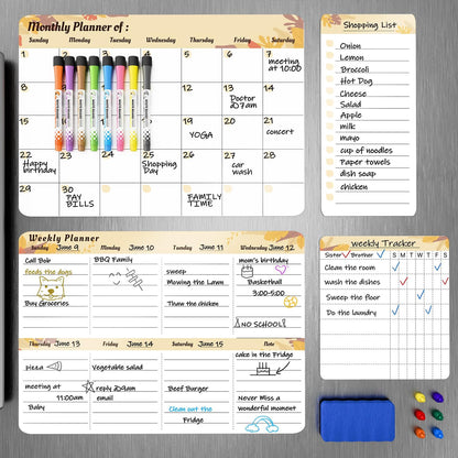 Refrigerator Calendar Magnetic, 16.3x11.7” (4-Pack) – Weekly & Monthly Planner, Chore Chart, Grocery/to-Do List for Fridge, Includes 8 Markers, 6 Magnets & 1 Eraser for Kitchen, Yellow