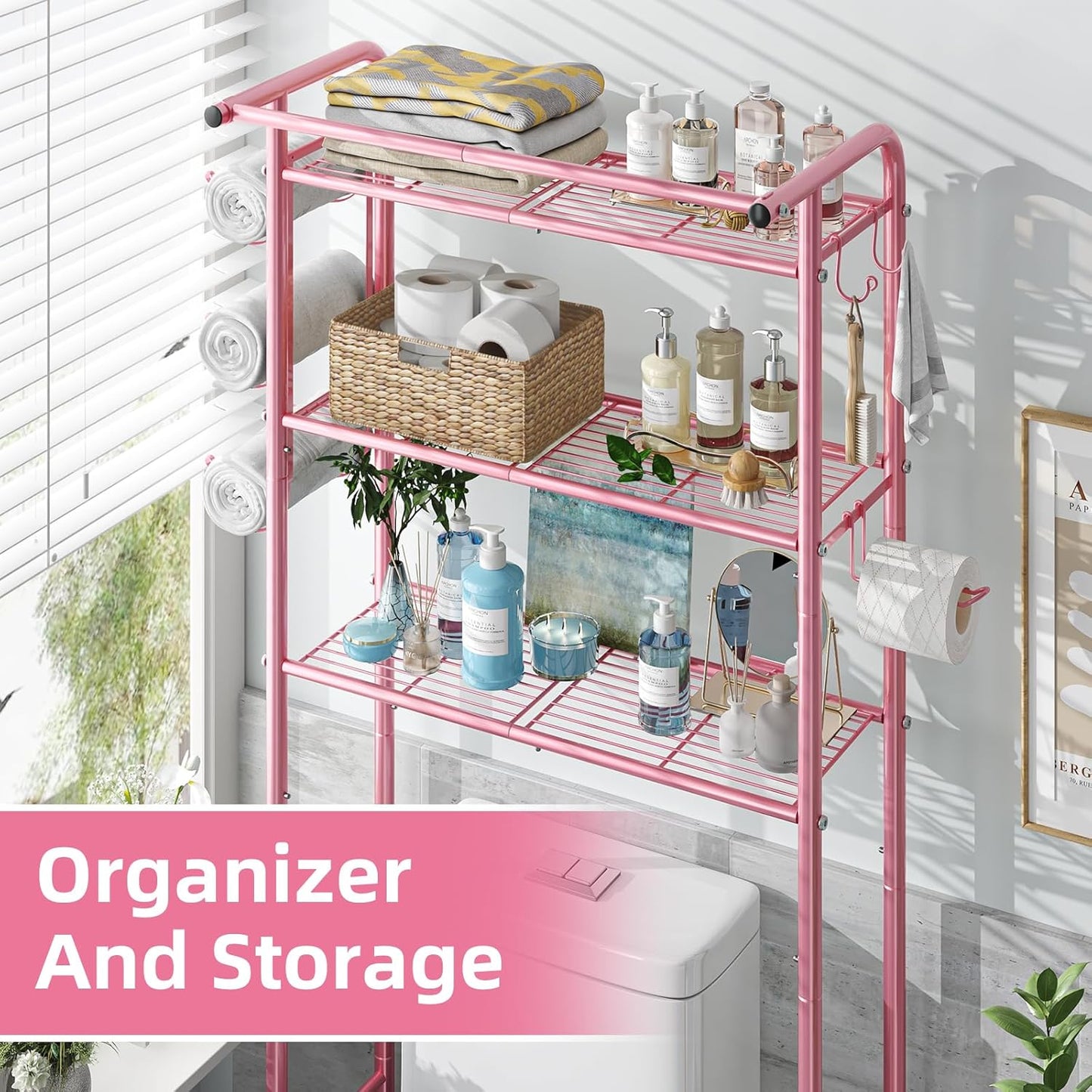 Simple Trending Over The Toilet Storage Cabinet, Metal Bathroom Shelf Organizer with Paper Holder and Hooks, 3 Tier, Black