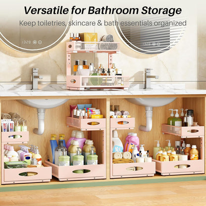 Under Sink Organizer, 2-Pack Pull Out Cabinet Organizer 2 Tier Metal Slide Out Storage Shelf Rack, L-Shaped Adjustable Height,Mesh Sliding Drawer for Kitchen, Bathroom, Laundry, Pantry, White, XL