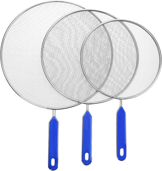 Grease Splatter Screens Guards Shields Frying Pan Pot Cooking Oil Cover Skillet Lid - Stainless Steel Mesh Blue Handle Set of 3: 8", 9.5", 11"