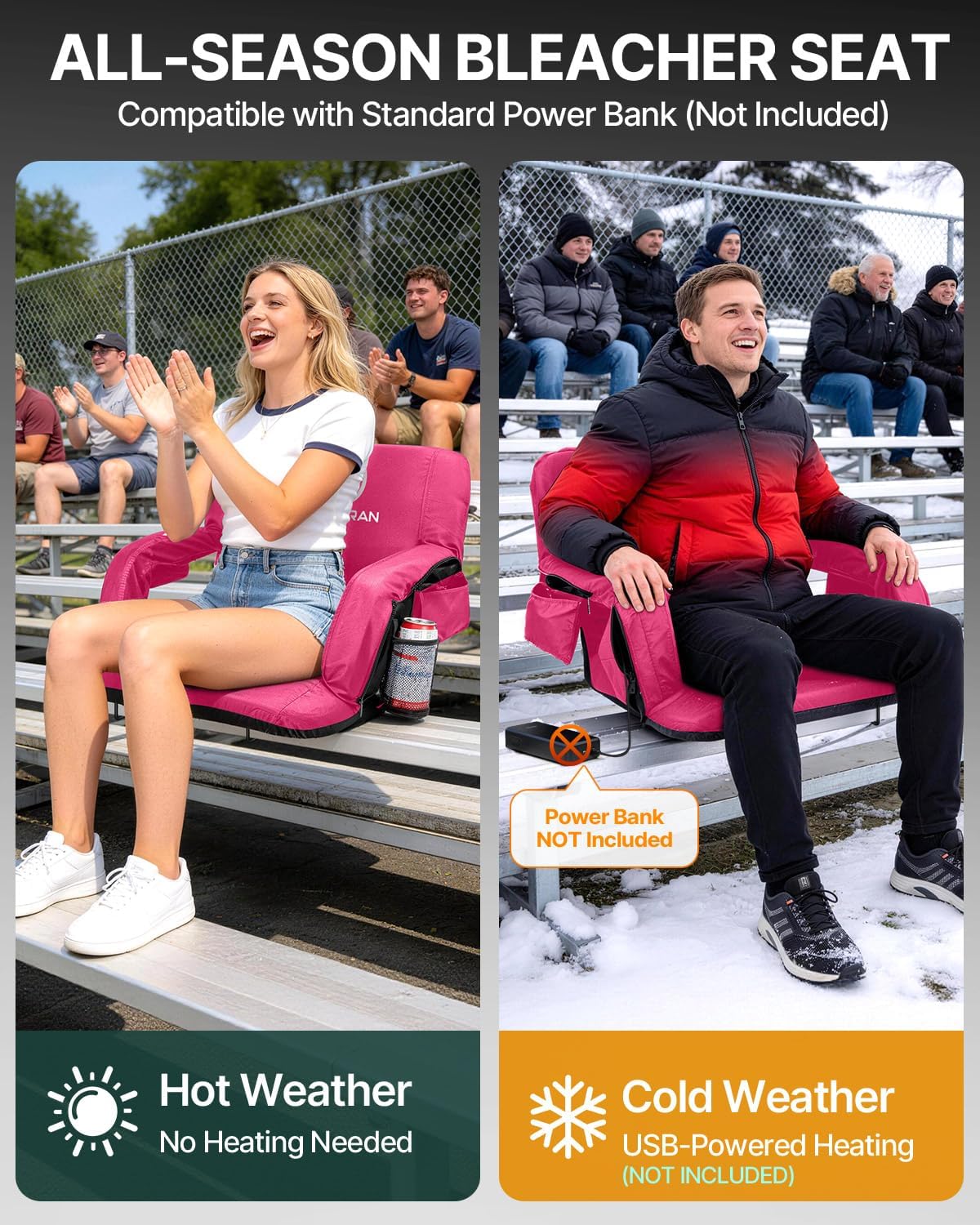 HOPERAN 21" Heated Stadium Seats for Bleachers with Back Support, Black 2PC | Seat & Back Heat Wired Control, 3 Heat Levels (NO Battery), Soft Cushion, 6 Recline, Anti-Slip, Side Pockets, Backpack Straps
