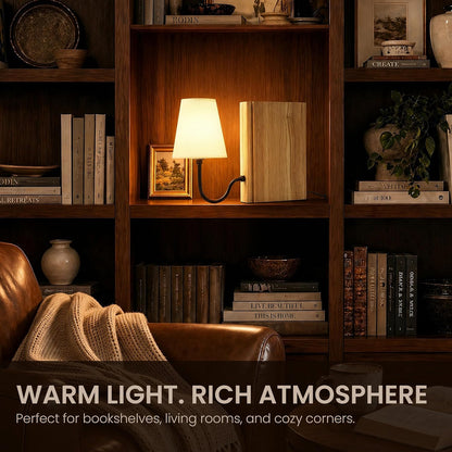 AELS Solid Wood Bookshelf Lamp with Bulb, Cordless Rechargeable Touch Dimmable Table Lamp with Linen Fabric Shade, Modern Decorative Bookend Lamp for Bedroom, Office & Bookshelf Decor, Dark Brown