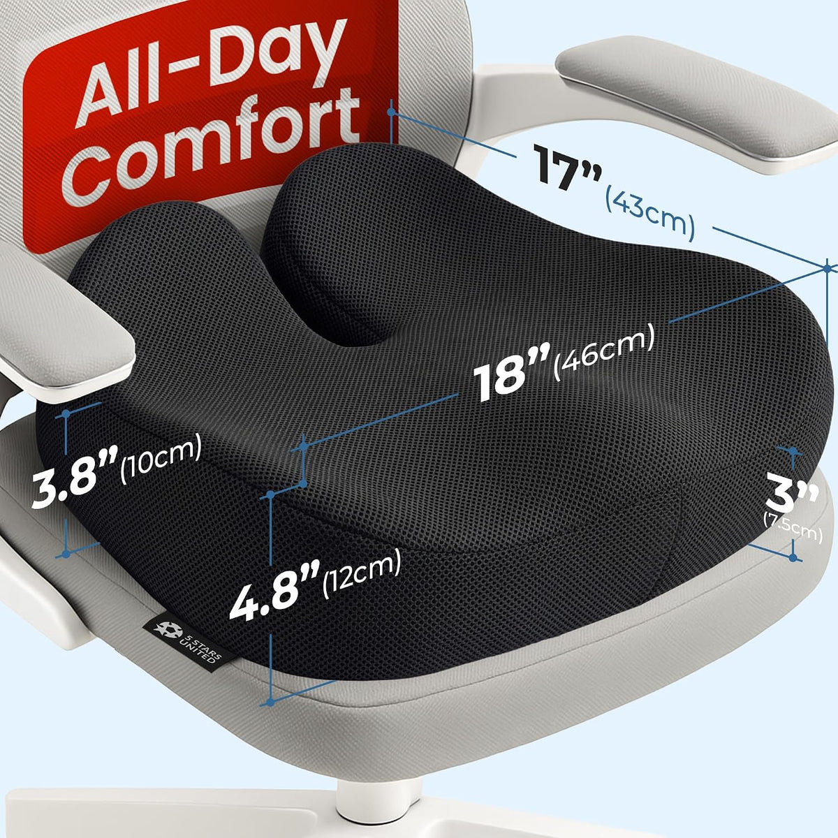 5 STARS UNITED Seat Cushion - Memory Foam Chair Cushion for Tailbone Pain Relief - Ergonomic Support for Coccyx, Sciatica & Butt - Office, Desk & Gaming Chair, Car Seat, Wheelchair, Airplane, Black