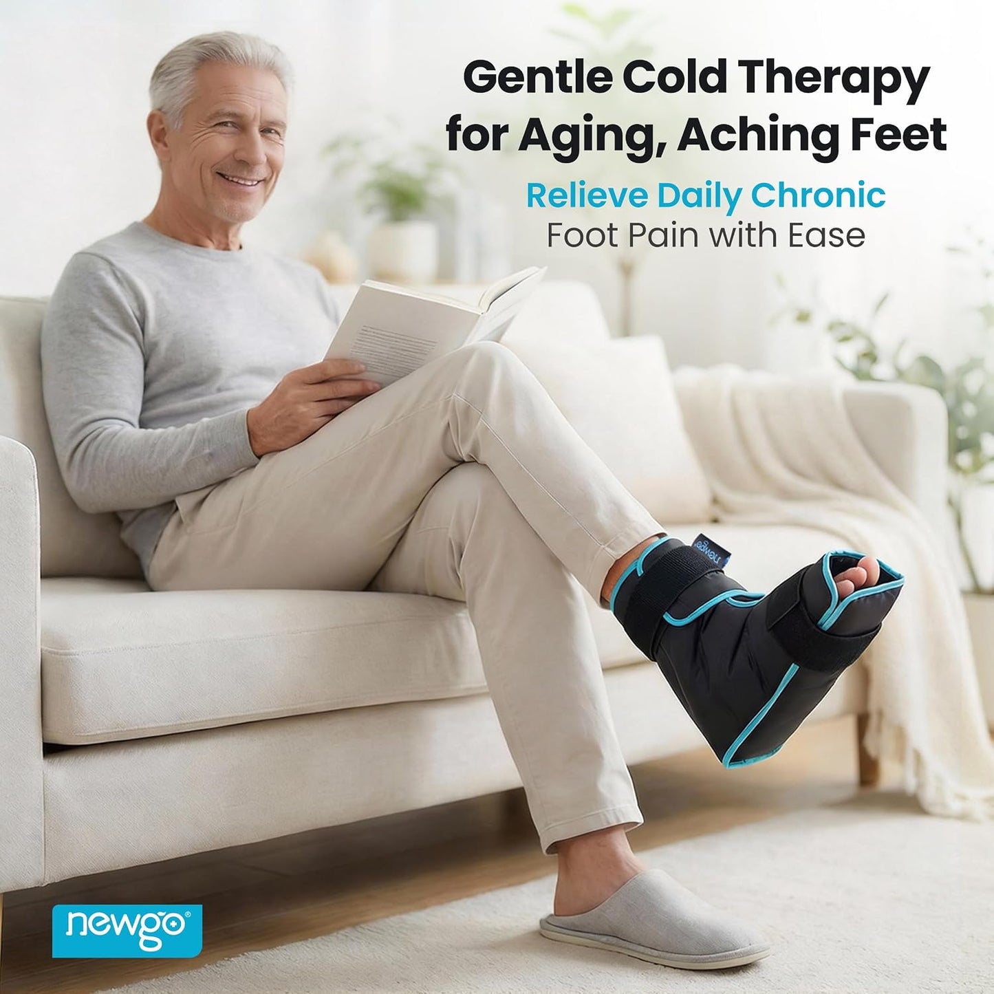 NEWGO Foot Ice Pack Wrap – Cold Compression for Plantar Fasciitis, Black | 360° Full Coverage Gel Ice Boot, Reusable For Heel & Ankle Pain, Swelling, Achilles Tendonitis, Sprains