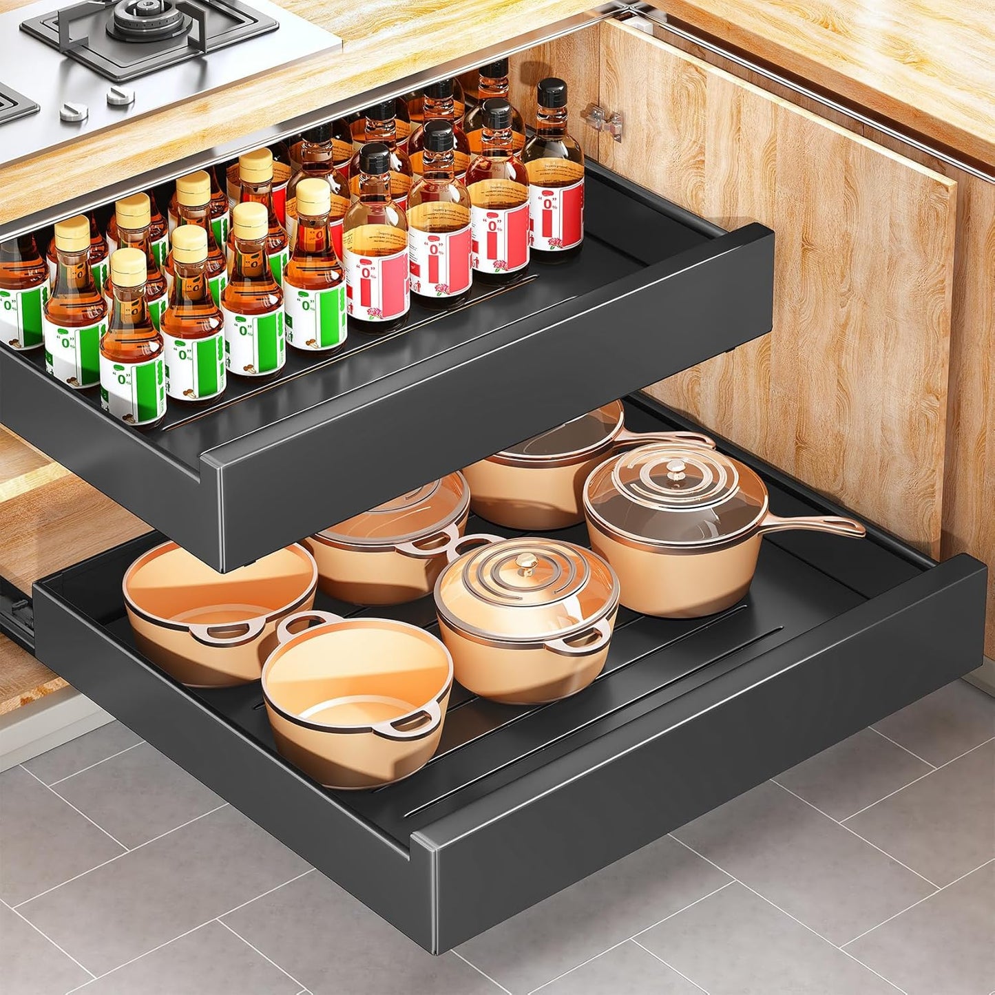 Pull out Cabinet Organizer, 21"Deep, Heavy Duty Full-Extension Slide out Drawers for Kitchen Cabinets with Nano Adhesive, Roll Out Shelf Sliding Cabinet for Pots, Bathroom, Pantry, Under Sink, White