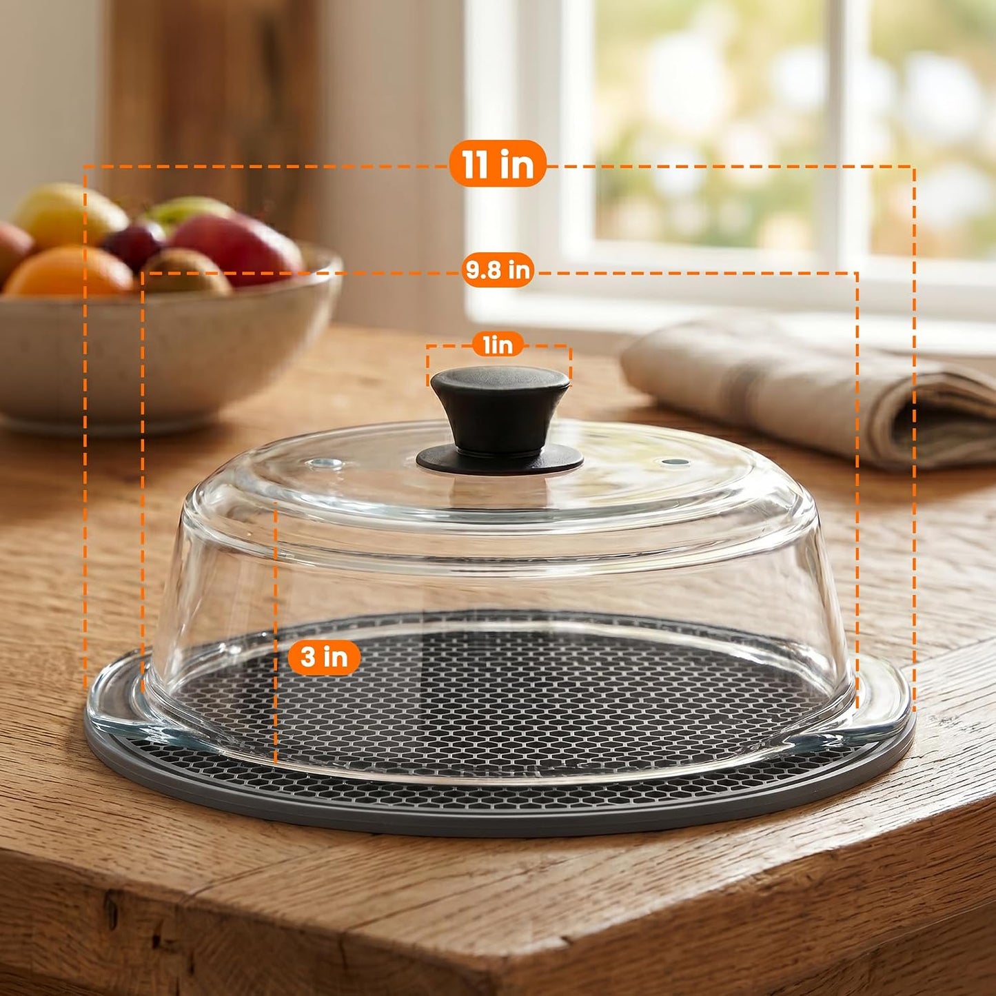 2 in 1 Glass Microwave Splatter Cover,Glass Microwave Cover,10 In | Glass microwave cover for food with vent holes,Easy-grip silicone knob,Doubles as a microwave mat,No plastic