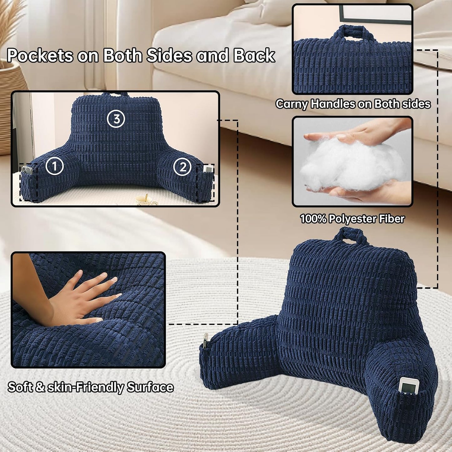 Reading Pillow with Arms for Sitting in Bed,Backrest,White Flannel,M | 17" Backrest Supports Back for College Students,Elbows & Forearms for Dorm Reading,Gaming,Watching TV