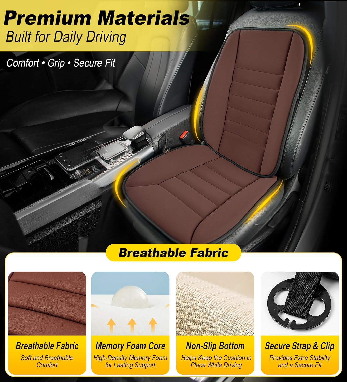 kingphenix Car Seat Cushion with Back Support Pillow, Memory Foam, Black | Memory Foam Car Cushion for Long Driving, Truck, Office Chair, Tailbone and Lower Back Support