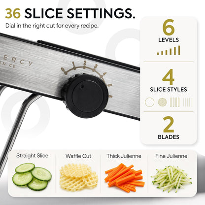 Gramercy Mandoline Slicer for Kitchen, Adjustable V-Blade Stainless Steel Vegetable Slicer with Waffle and Julienne Blades, Cut-Resistant Gloves, Cleaning Brush, Safety Lock, Dishwasher Safe