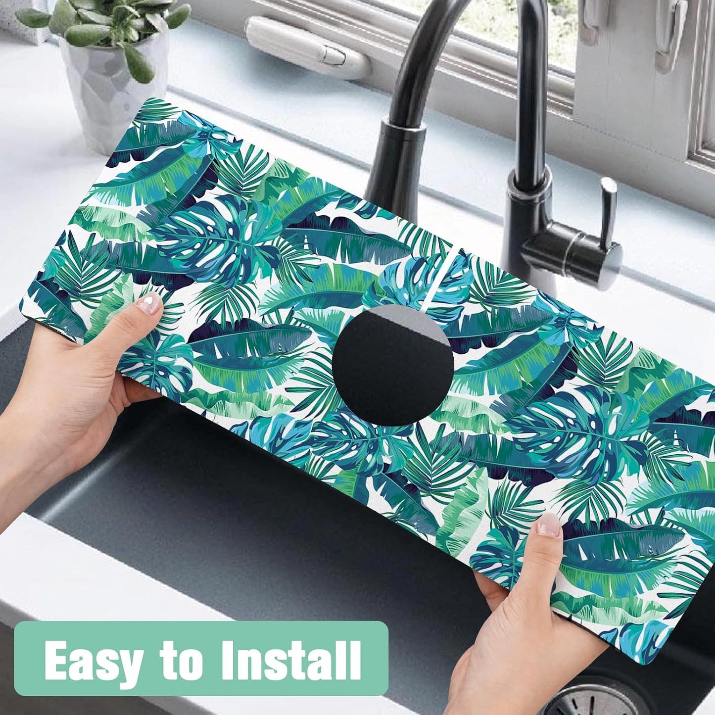 Kitchen Sink Splash Guard Faucet Mat 24" X 5.5" Tropical Leavesl Absorbent Fast Drying Mat Faucet Draining Mat Sink Splash Guard Behind Faucet Drip Catcher for Kitchen Bathroom