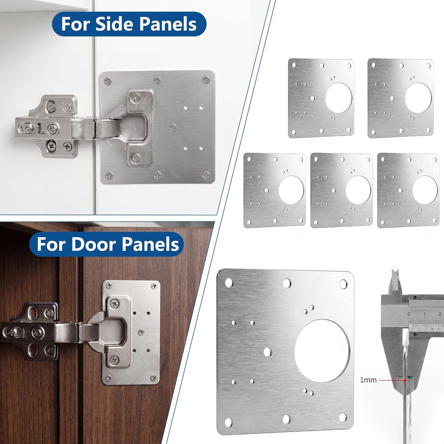 6 Pack 1mm Heavy Duty Cabinet Hinge Repair Plates, Stainless Steel Kit for Stripped Cupboard Door Hinges, 6 Large with 36 Screws, Kitchen Bathroom Furniture Fix