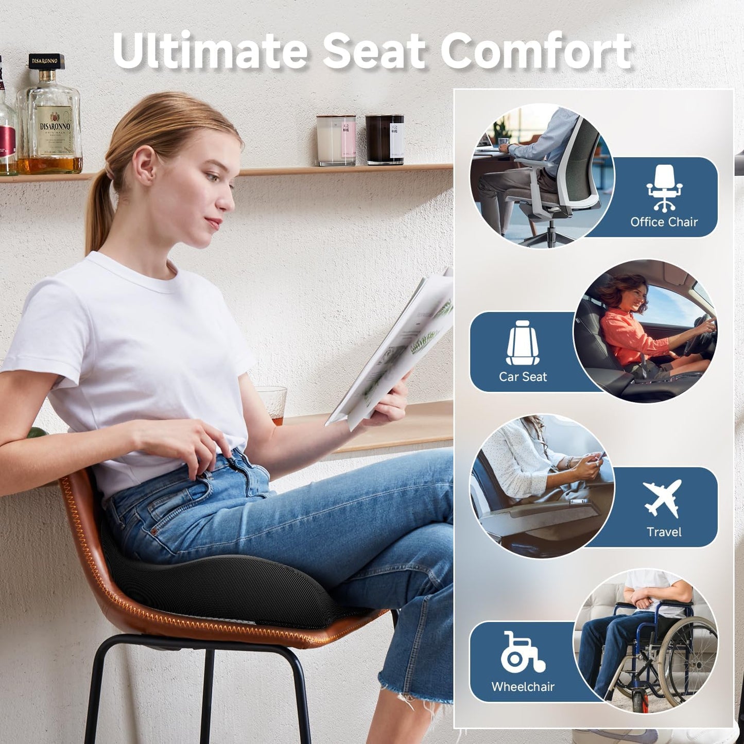 Benazcap Large Ergonomic Seat Cushion Relieves Sciatica & Tailbone Pain | Ergonomic memory foam relieves sitting strain, washable slip-resistant cover, fits office, car, gaming chairs all day