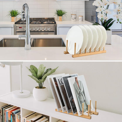 INNERNEED Bamboo Wooden Dish Rack, Vertical Plate & Lid Organizer | for Kitchen Cabinet or Countertop, Drying Stand for Dishes, Cutting Boards