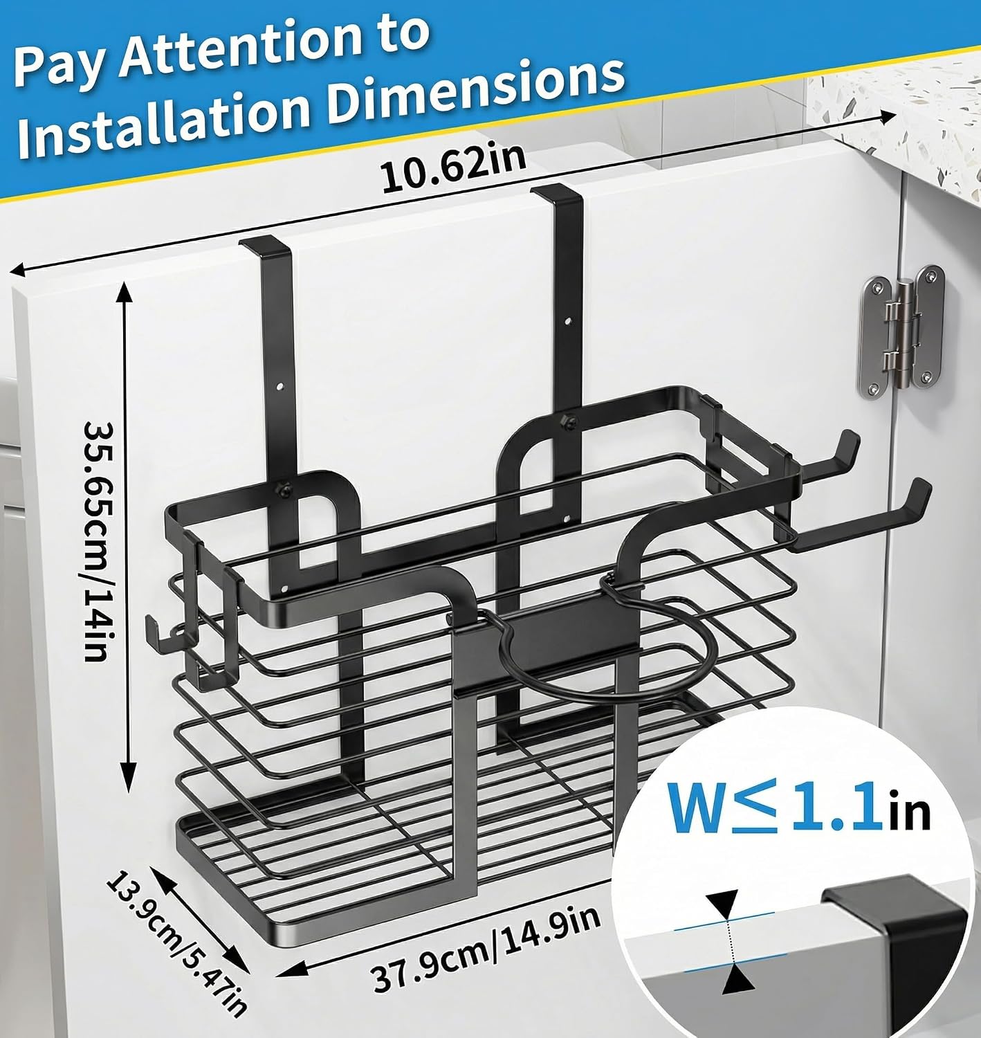 YIGII Hair Dryer Holder, 3 in 1 Hair Tools Organizer Blow Dryer Holder Adjustable Height Cabinet Door/Wall Mounted Bathroom Organizer and Storage for Hair Dryer, Flat Irons, Curing Wands