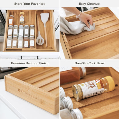 Expandable Spice Drawer Organizer, Bamboo | Holds up to 15 spice jars (not included), non-slip feet, 100% sustainable bamboo wood