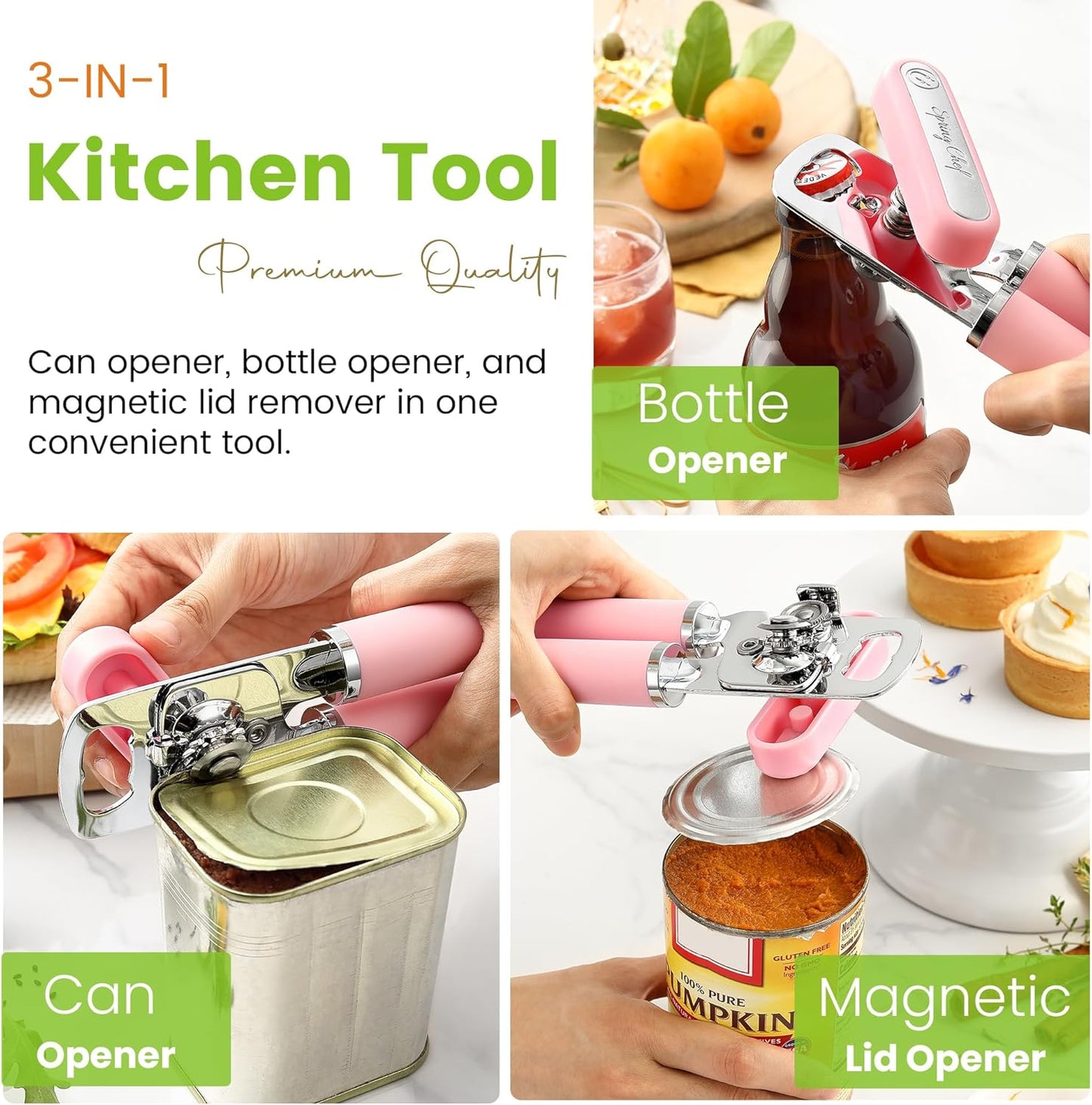 Spring Chef Stainless Steel Manual Can Opener with Soft Grip Handles, Black | Heavy Duty Hand Can Opener for Seniors with Smooth Edge, Easy Turn, 3in1 Can Opener with Magnetic Lid Remover & Bottle Opener