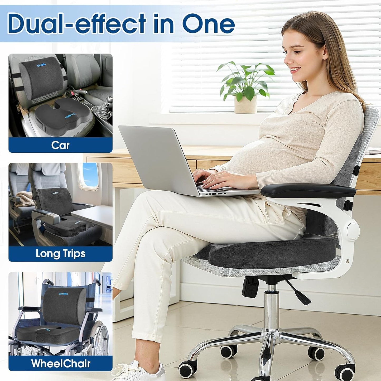 CloudBliss Lumbar Support Pillow & Seat Cushion Set for Office Chair, Desk Chair, Wheelchair & Car – Memory Foam Back Support, Ergonomic Chair Cushions, Sciatica Pain Relief, Home Essentials, Black
