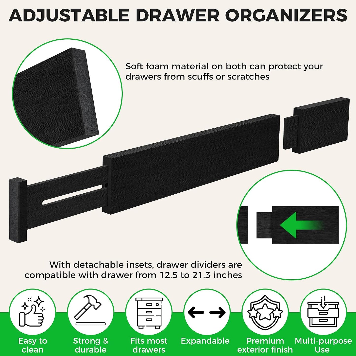 4 Pack Bamboo Drawer Dividers Organizer with Inserts 2.6'' High | Expandable from 12.5-21.7", Adjustable Drawer Organizer Separators for Utensils, Clothing, Office, Dresser, Bedroom, (Beige)