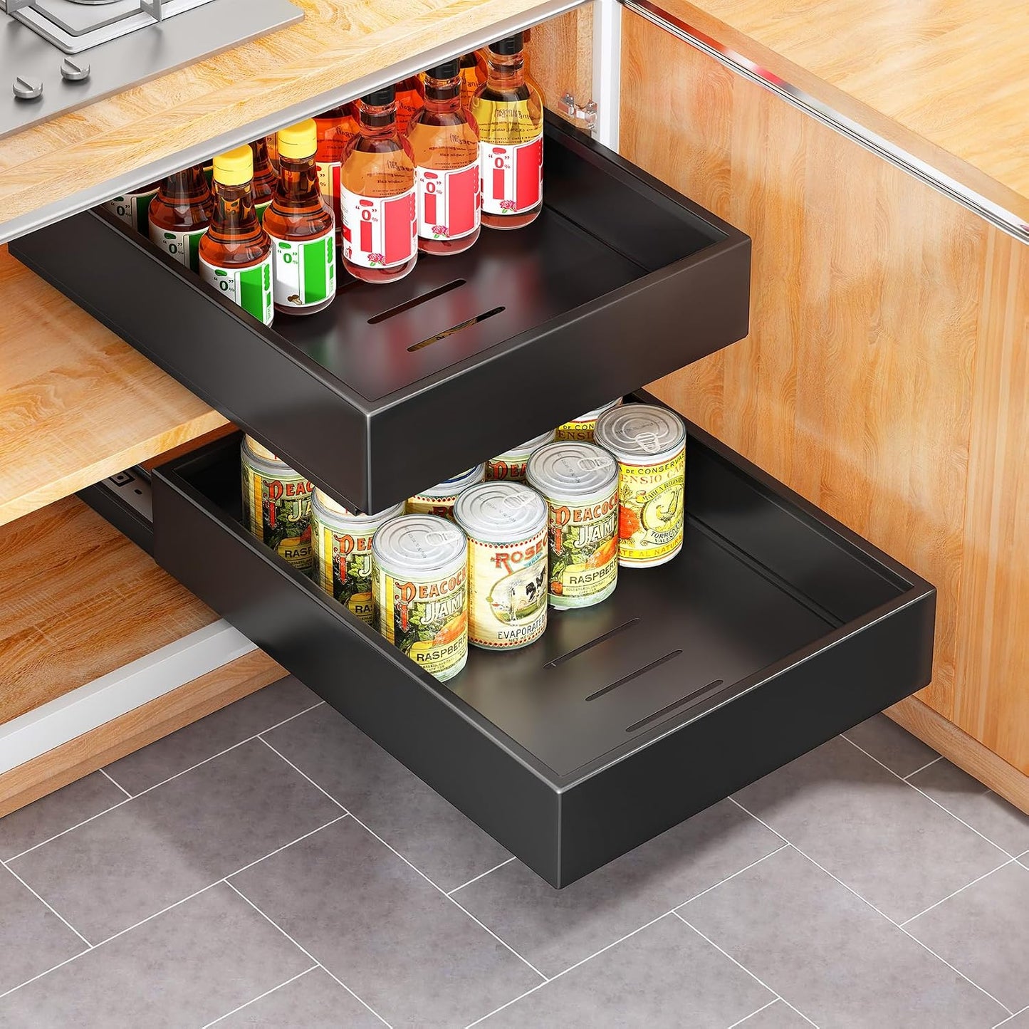 Pull out Cabinet Organizer, 21"Deep, Heavy Duty Full-Extension Slide out Drawers for Kitchen Cabinets with Nano Adhesive, Roll Out Shelf Sliding Cabinet for Pots, Bathroom, Pantry, Under Sink, White