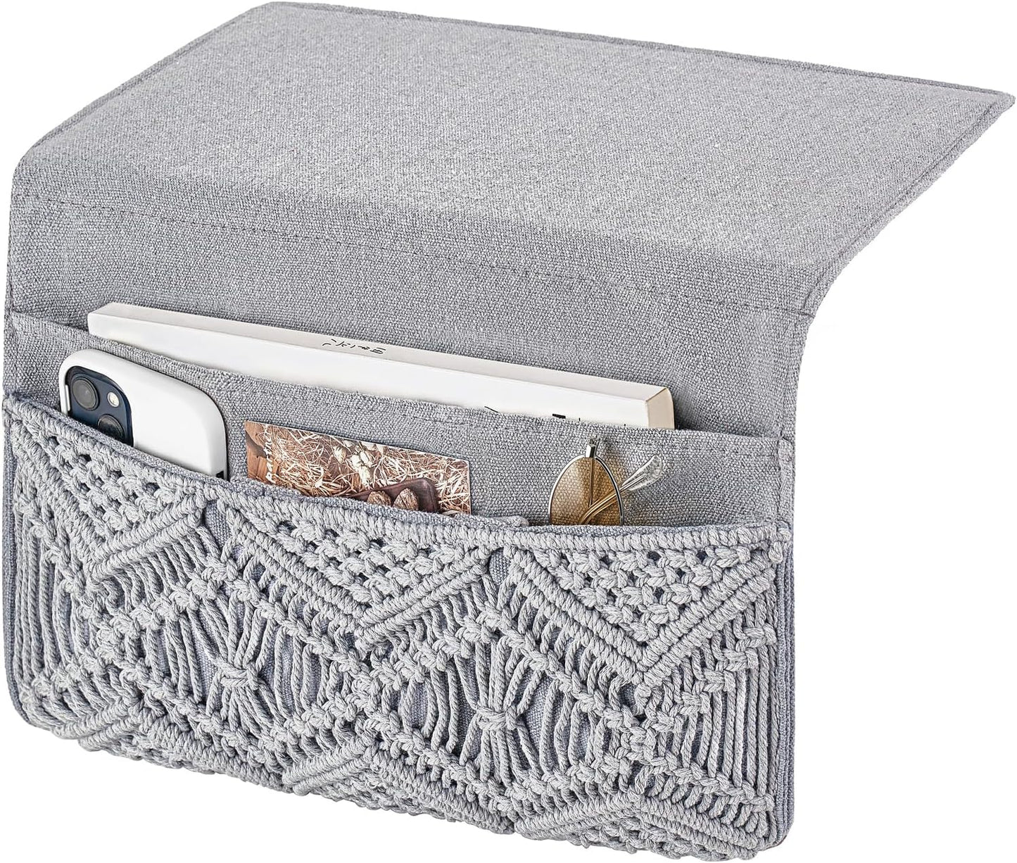 Mkono Macrame Bedside Caddy, Boho Bed Storage Organizer, 4 Pockets Ivory | Dorm Room Bed Caddy, Home Decor, Remote Control Magazine Glasses, Bedroom Living Room, Non-Slip, Space Saving Holder