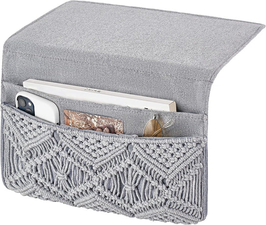 Mkono Macrame Bedside Caddy, Boho Bed Storage Organizer, 4 Pockets Ivory | Dorm Room Bed Caddy, Home Decor, Remote Control Magazine Glasses, Bedroom Living Room, Non-Slip, Space Saving Holder