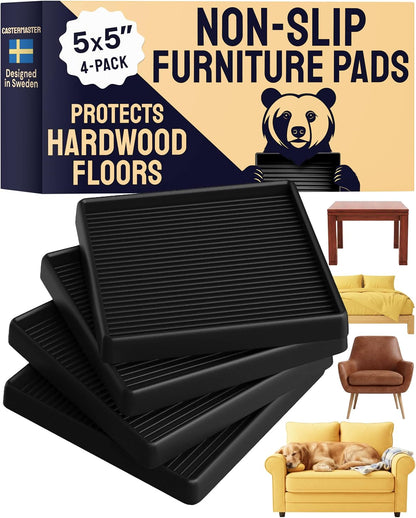 Non-Slip Furniture Pads - 4x4 in Brown, 4 Pack | Square rubber caster cups - anti-skid - Use for heavy sofas, beds & chairs on hardwood floors