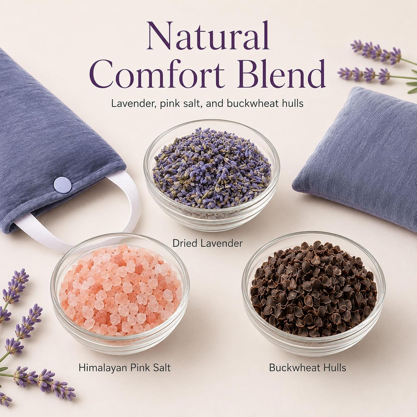 Premium Lavender Neck Wrap Set, Microwavable Heat Pad with Eye Pillow | Balanced lavender, salt, and buckwheat blend creates soothing neck warmth, warm or chilled use, and added tired-eye comfort.
