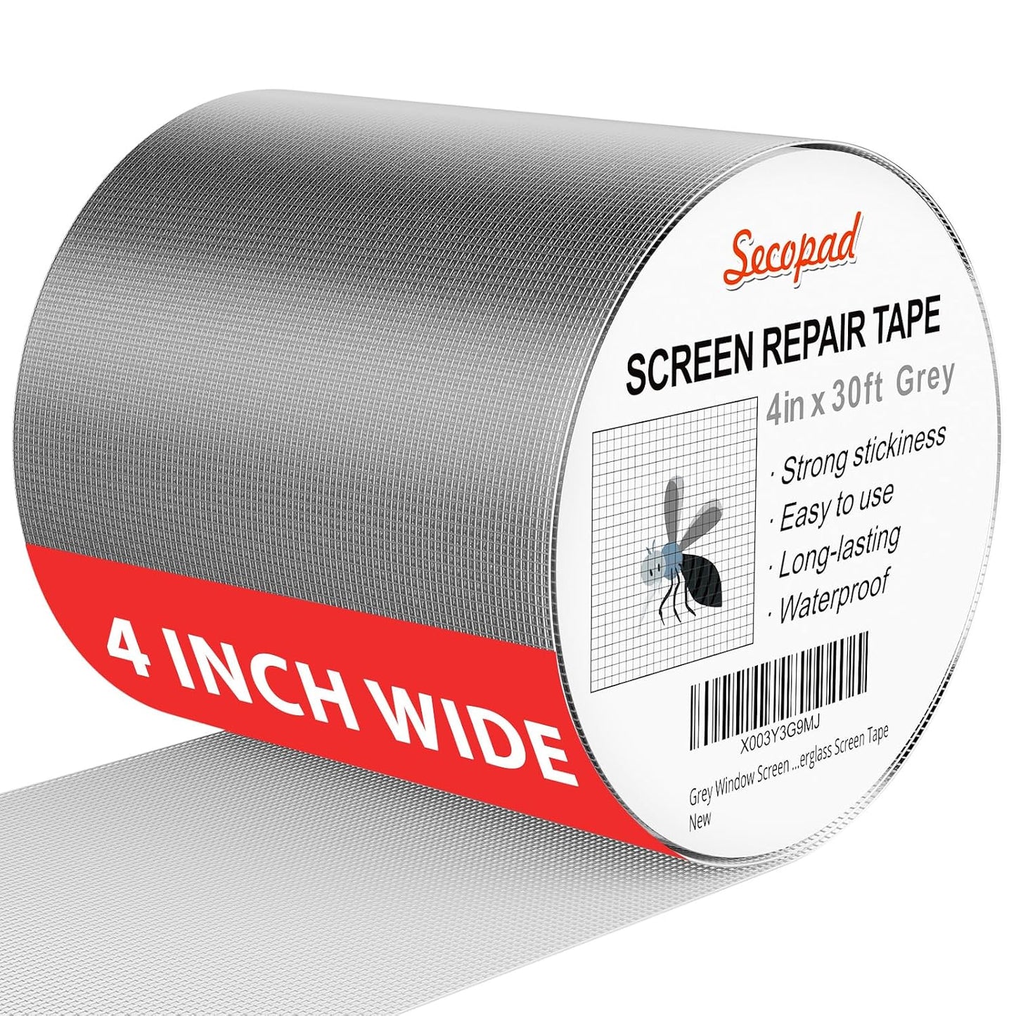 Secopad 4" x 360" (30FT) Screen Repair Tape, Screen Repair Kit, Grey | Window Screen Patch, Quick Repair, Strong Adhesive, Easy to Use, For Mesh Window & Door, Cuttable Fiberglass, No Tools Needed