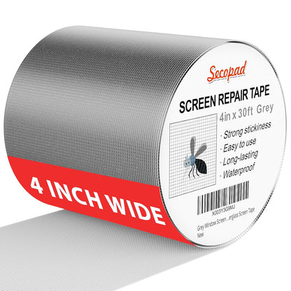 Secopad 4" x 360" (30FT) Screen Repair Tape, Screen Repair Kit, Grey | Window Screen Patch, Quick Repair, Strong Adhesive, Easy to Use, For Mesh Window & Door, Cuttable Fiberglass, No Tools Needed