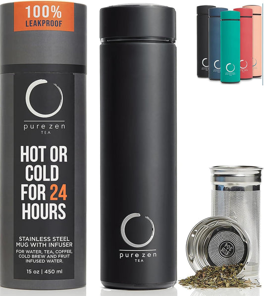 Pure Zen Tea Thermos with Infuser for Hot and Cold Infusions - Stainless Steel - Tea Infuser Bottle - Leakproof Travel Mug with Filter - 15oz - Blue