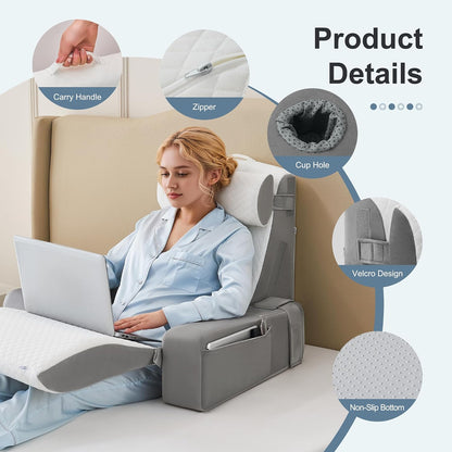Reading Pillow for Bed with Adjustable Armrests and Side Pockets, Back Pillow for Bed Sitting Up, Sit Up Pillow, and Bed Pillows for Sitting Up, Ideal for Reading, Watching TV and Relaxing, Light Gray