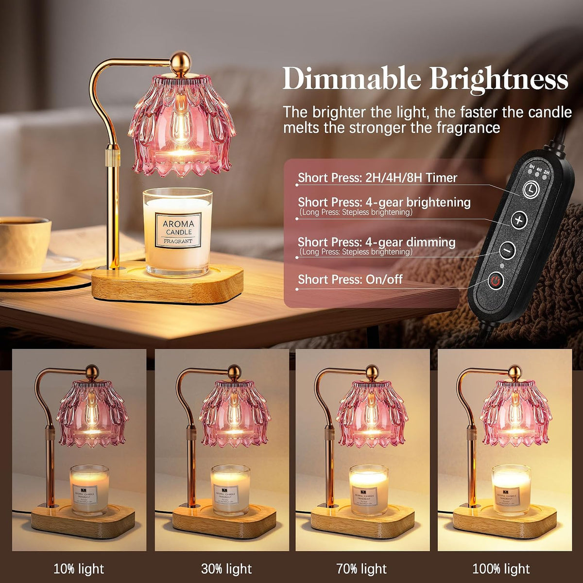 Candle Warmer Lamp with Timer Dimmer, Modern Wax Warmer for Scented Wax Jar Candle Warmer with 2 Bulbs, Adjustable Height Glass Lamp for Gifts for Women, Home Decor, Gold Amber