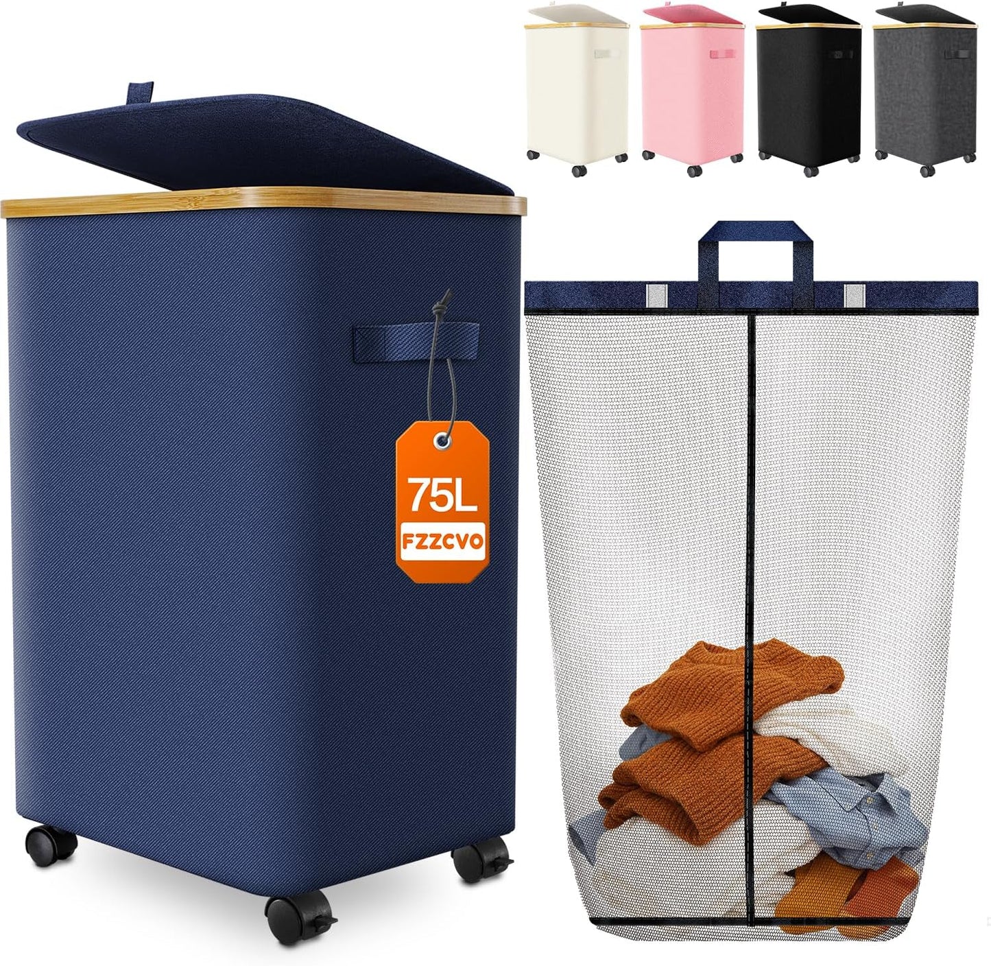 Double Laundry Basket with Wheels and Lid, 150L Clothes Hampers for Laundry | Large Laundry Hamper with 2 Sections & Removable Liner Bags, Rolling Dirty Clothes Basket for Bedroom Bathroom Dorm College