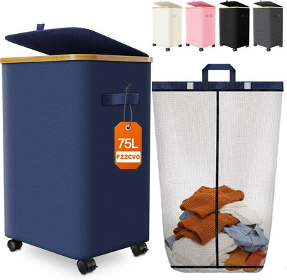 Double Laundry Basket with Wheels and Lid, 150L Clothes Hampers for Laundry | Large Laundry Hamper with 2 Sections & Removable Liner Bags, Rolling Dirty Clothes Basket for Bedroom Bathroom Dorm College