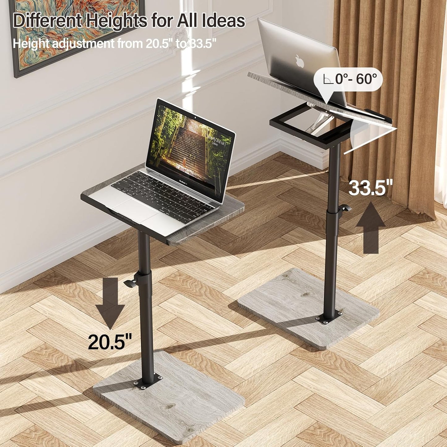 YUHFERA Sofa Armrest Tray Table for Couch - 360° Swivel Height Adjustable End for Small Spaces, Snack Side Table for Bed or Chair with Phone & Tablet Slot (Rustic,Standard)
