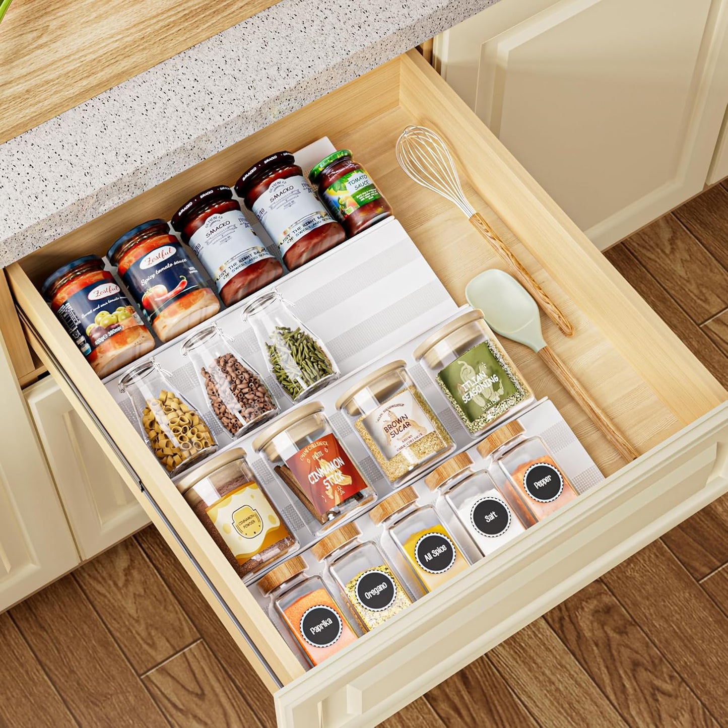 8-Pack Spice Drawer Organizer, Expandable Acrylic Seasoning Rack (13" to 26") with Anti-Slip Mat, Kitchen Spice Rack Holds up to 56 Jars (Jars Not Included)