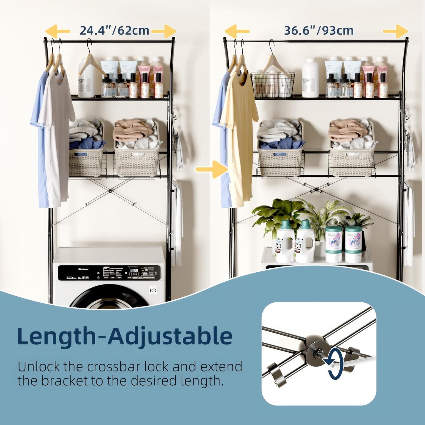 Laundry Room Storage Shelf & Organizer, 2 Tier Metal Over Washer and Dryer Shelves, Washing Machine Shelf with Hanger Rod, Expandable Bathroom Space Saver Shelf, 26–37" L x 15.8" W x 59.5" H, Black