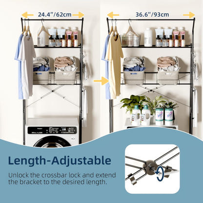 Laundry Room Storage Shelf & Organizer, 2 Tier Metal Over Washer and Dryer Shelves, Washing Machine Shelf with Hanger Rod, Expandable Bathroom Space Saver Shelf, 26–37" L x 15.8" W x 59.5" H, Black