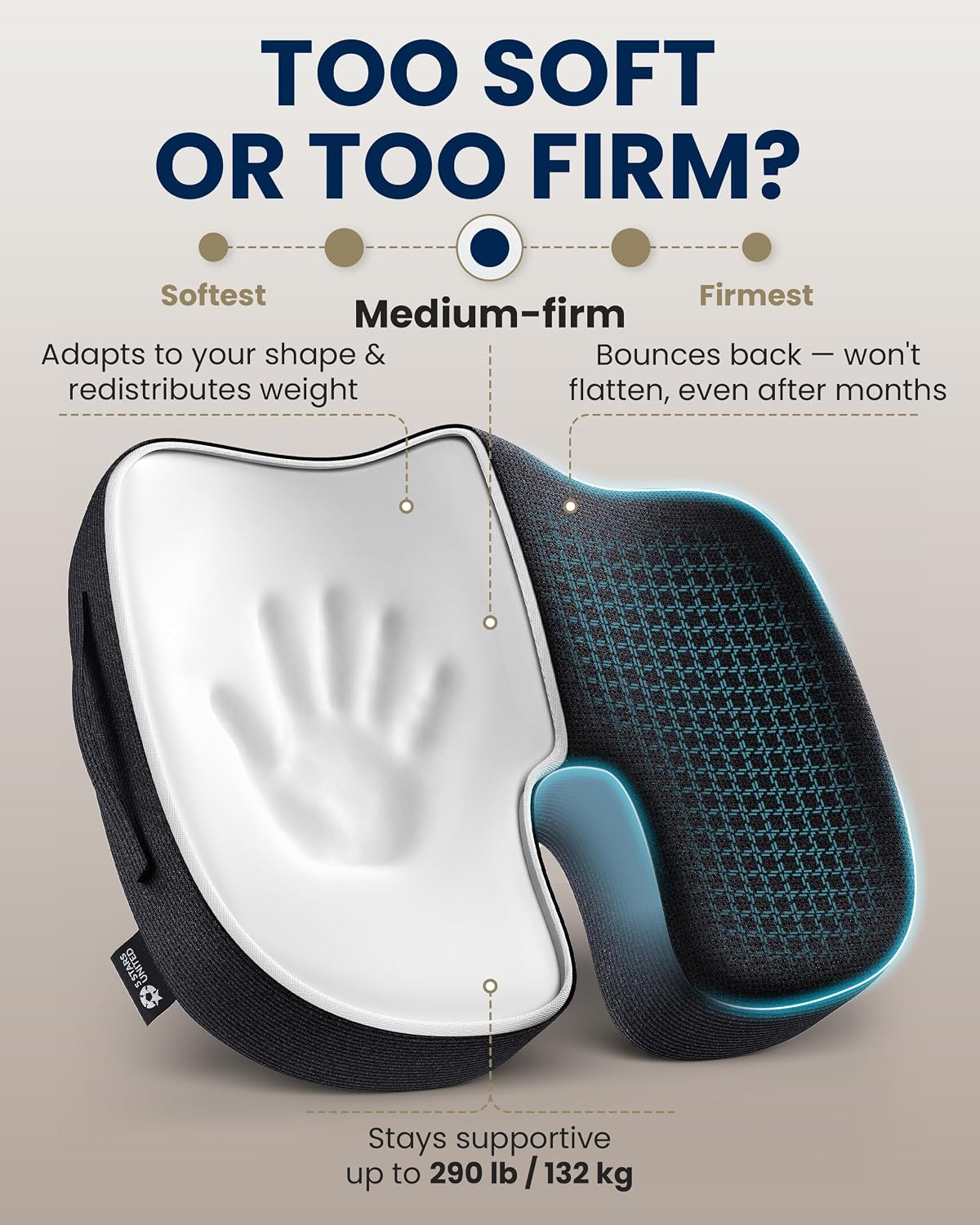5 STARS UNITED Seat Cushion - Memory Foam Chair Cushion for Tailbone Pain Relief - Ergonomic Support for Coccyx, Sciatica & Butt - Office, Desk & Gaming Chair, Car Seat, Wheelchair, Airplane, Black