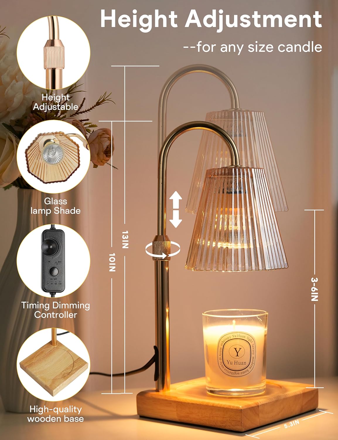 Candle Warmer Lamp Gold, Home Decor, Brithday Gifts for Women Mom | Stepless Brightness Adjustment, 24-Hr Cycle Timer, Adjustable Height for Candles, Includes 2 Bulbs, for Bedroom Living Room