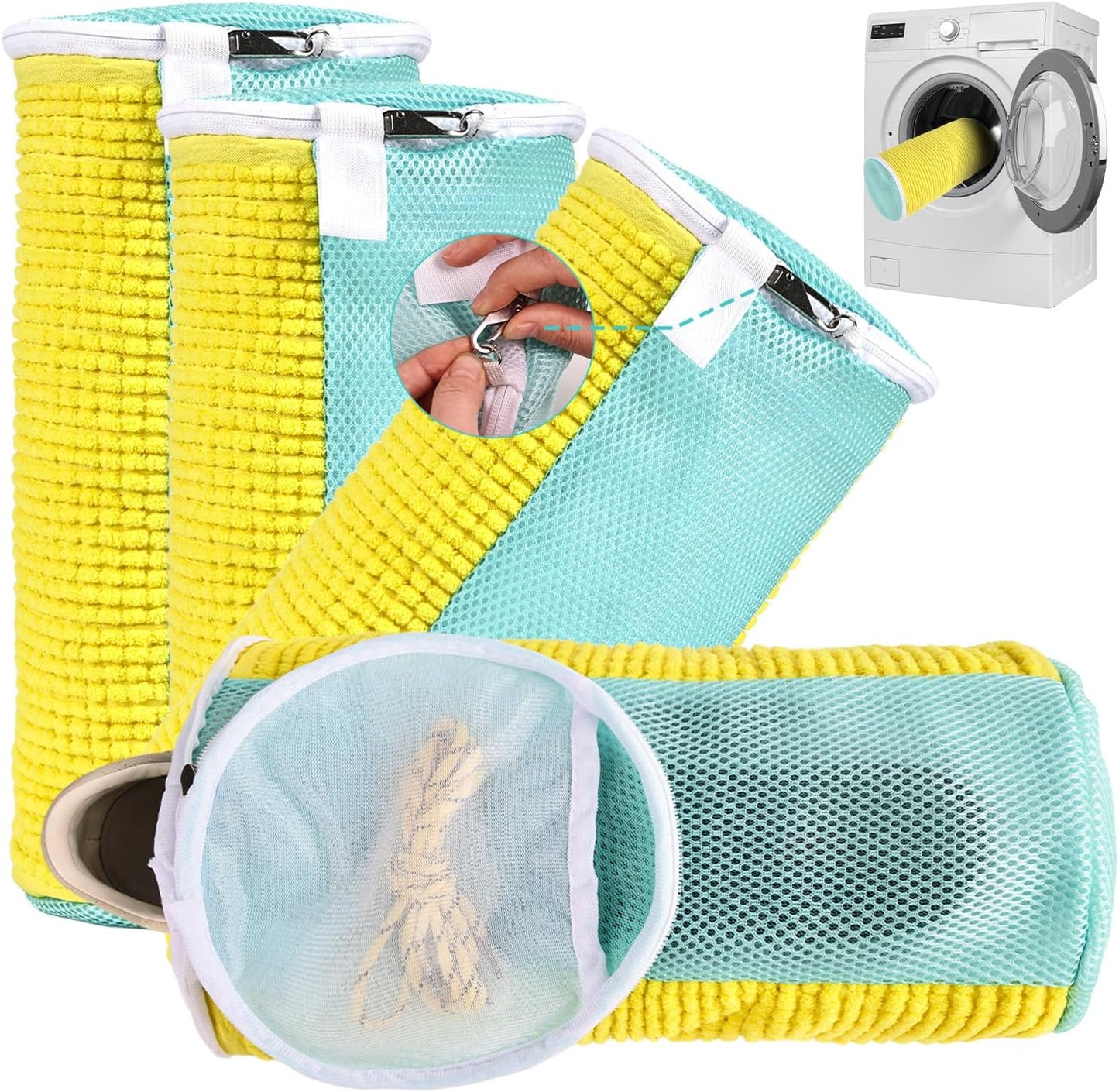 Shoe Washing Machine Bag Reusable Sneaker Washing Bag with Built-in Fluffy Brushes for 360° All-Around Cleaning, Laundry Shoe Bag is Designed for Washer and Dryer （Yellow 2pcs）