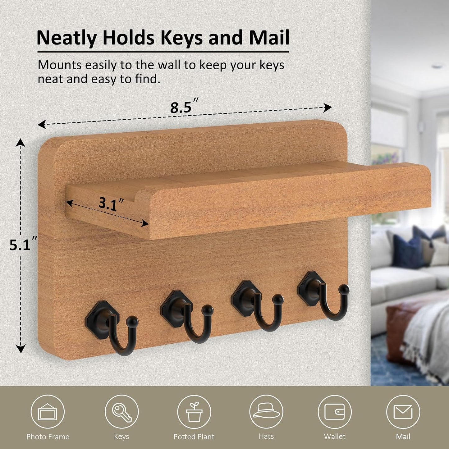 Nekon Key Holder Wall Mount, 8.5 Inch Small Wooden Wall Organizer, Black | Rustic Wall Shelf, Farmhouse Key and Mail Holder for Living Room Entryway Kitchen