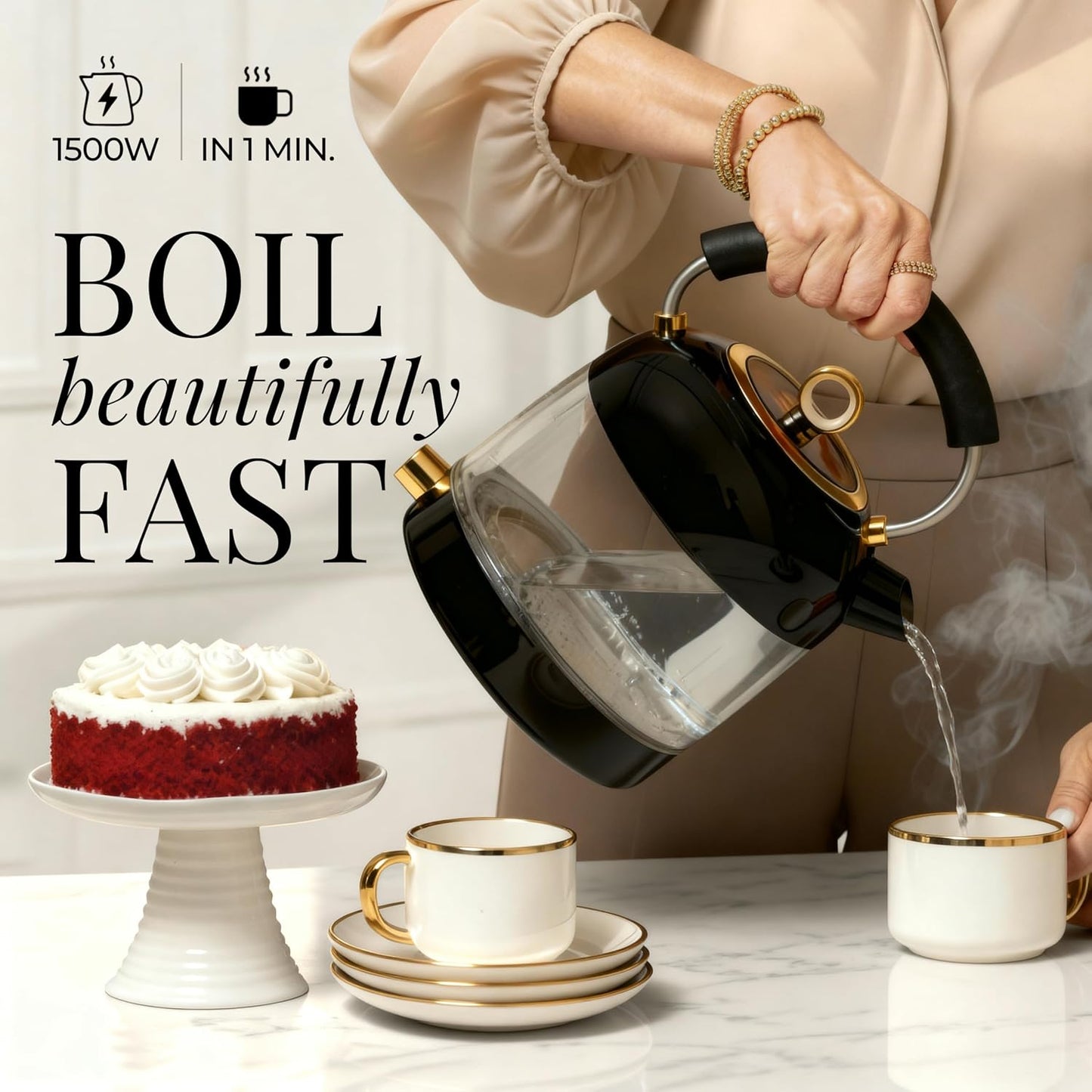 Styled Settings Stainless Steel Electric Kettle with Temperature Control | BPA and Plastic Free Electric Kettle with Keep Warm Function, Borosilicate Glass -1500W Hot Water Boiler with Digital Display
